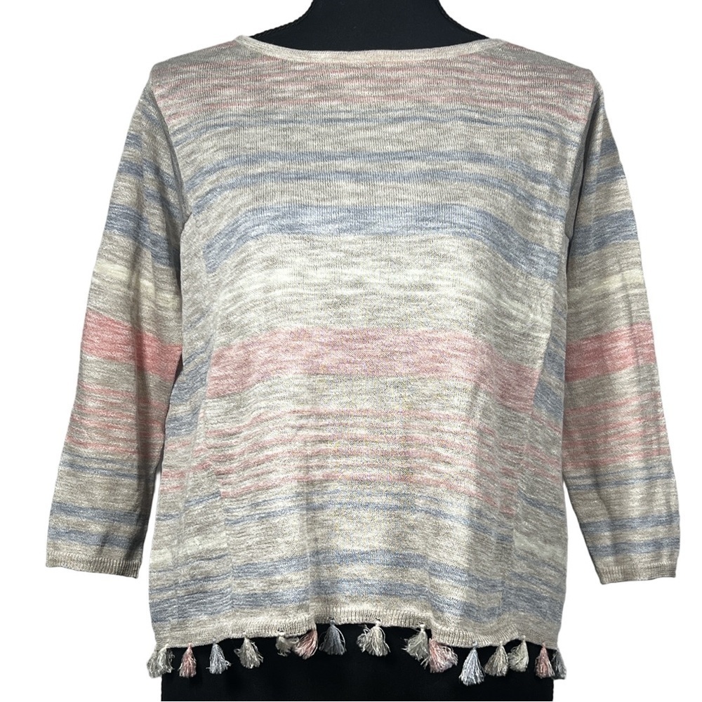 Joseph A. Blue and Pink Striped Blouse with Tassels, Size Small
